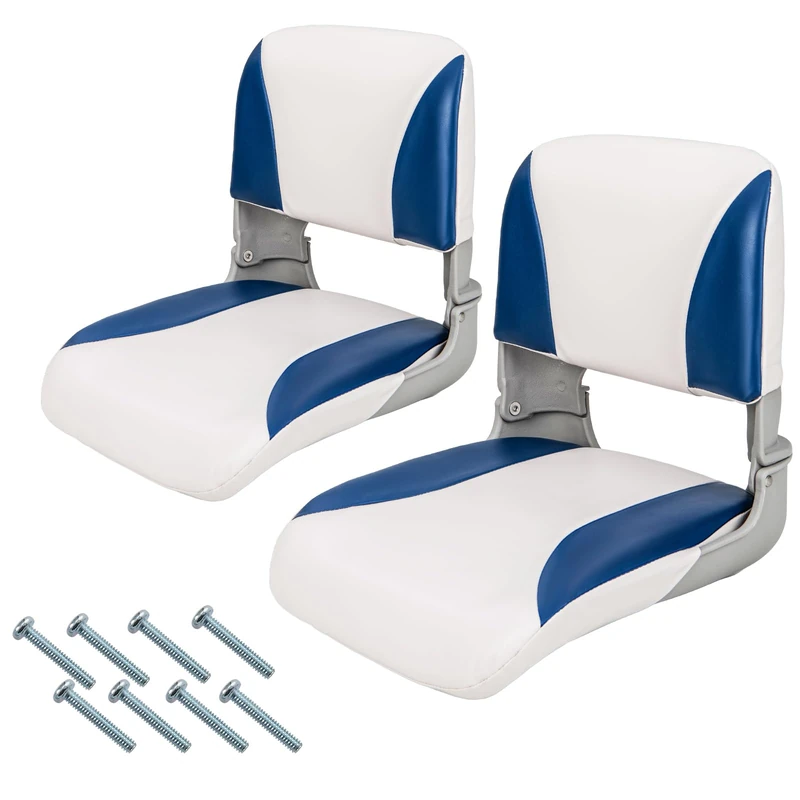 GYMAX Set of 2 Deluxe Folding Boat Seats, Faux Leather Low Back Captain Chairs with Metal Hinges, Ergonomic Seating for Fishing Boats & Yachts(Blue+White, 46 x 49 x 48cm)