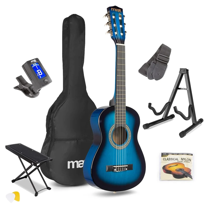 Max SoloArt Junior 1/4 Size Beginner Acoustic Guitar Set - Blue with Foldable Stand, Foot Rest, Nylon Strings, Tuner & Accessories Ideal for Kids Learning Classical Guitar
