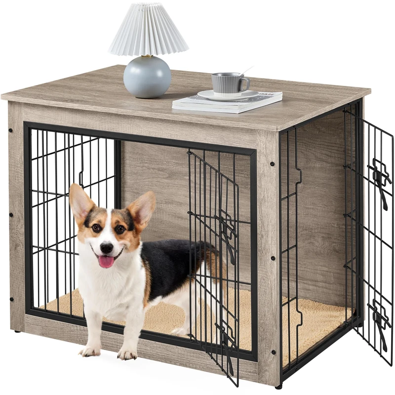 Yaheetech Indoor Dog Crate Furniture End Table with Cushion & Double Doors for Shiba Inus, Bichon Frises, Shih Tzus, Medium Dog Cage 80.5x55.5x63.5 cm, Grey
