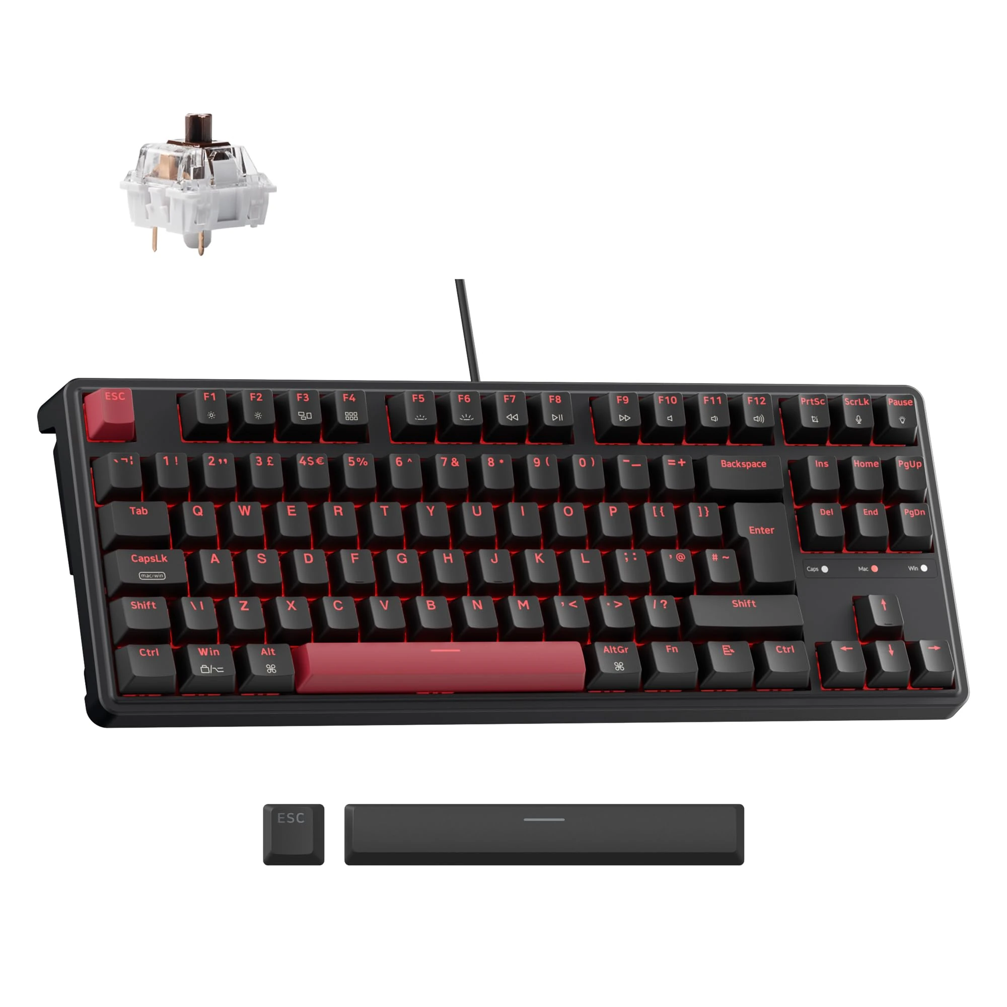 Keychron C3 Pro Wired Mechanical Keyboard - ISO UK Layout, 87 Key TKL Compact, Gasket Mount, QMK/VIA Programmable, Brown Switches, Red Backlight, for Mac Windows Linux Gaming