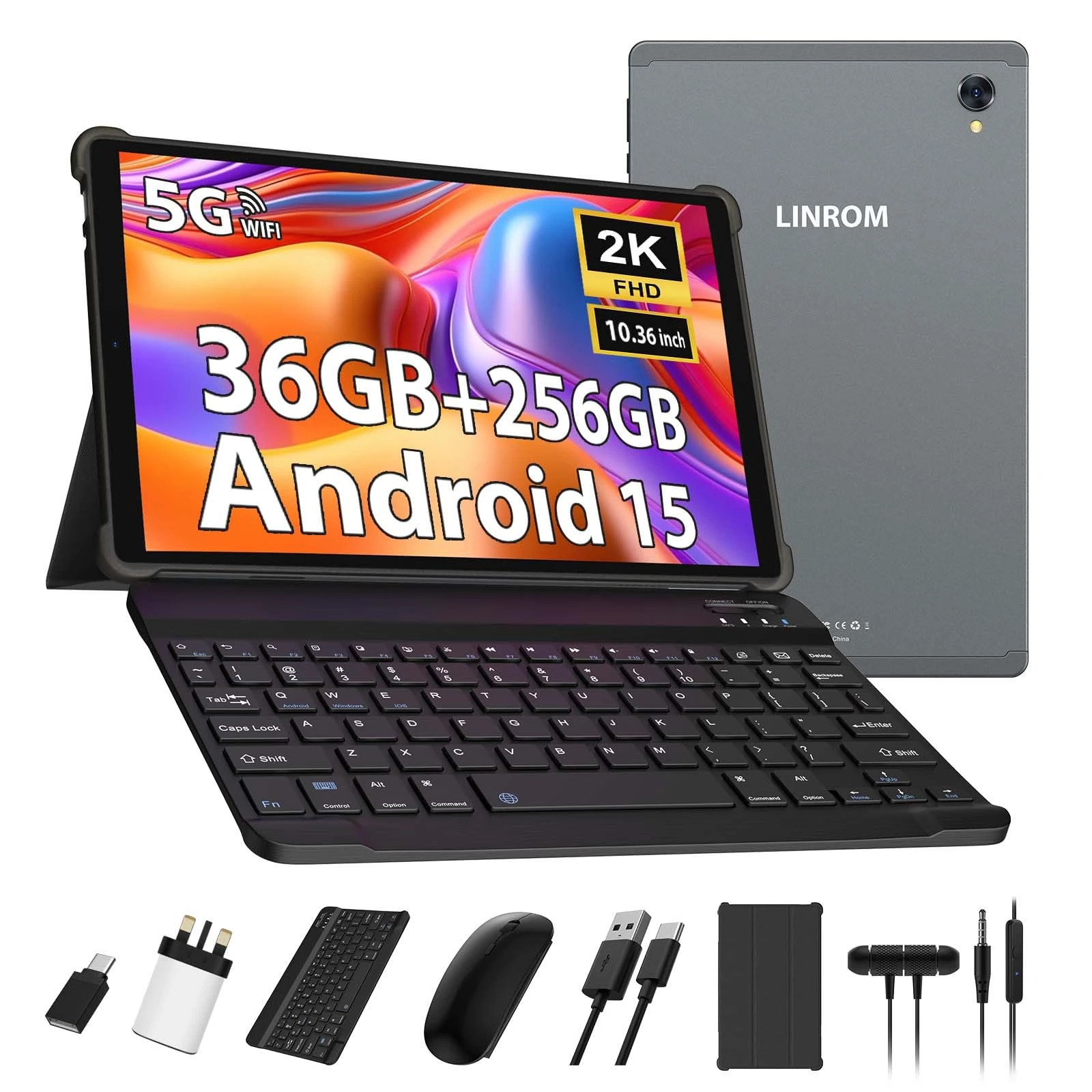 LINROM 2K Tablet 10.4 Inch, Android 15, 36GB RAM+256GB ROM (2TB TF), 5G WiFi, Octa-Core, INCELL 2000 * 1200, 8000mAh, 13MP+8MP, GPS, Tablet with keyboard ect (Grey)