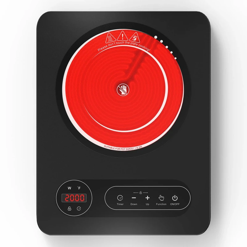 VBGK Portable Ceramic Hob, 2000W Pulg in Single Electric Hob, Portable Electric Hob with Digital LED Touch Controls, 10 Power Levels, 4-Hour Timer, Child Safety Lock, Black