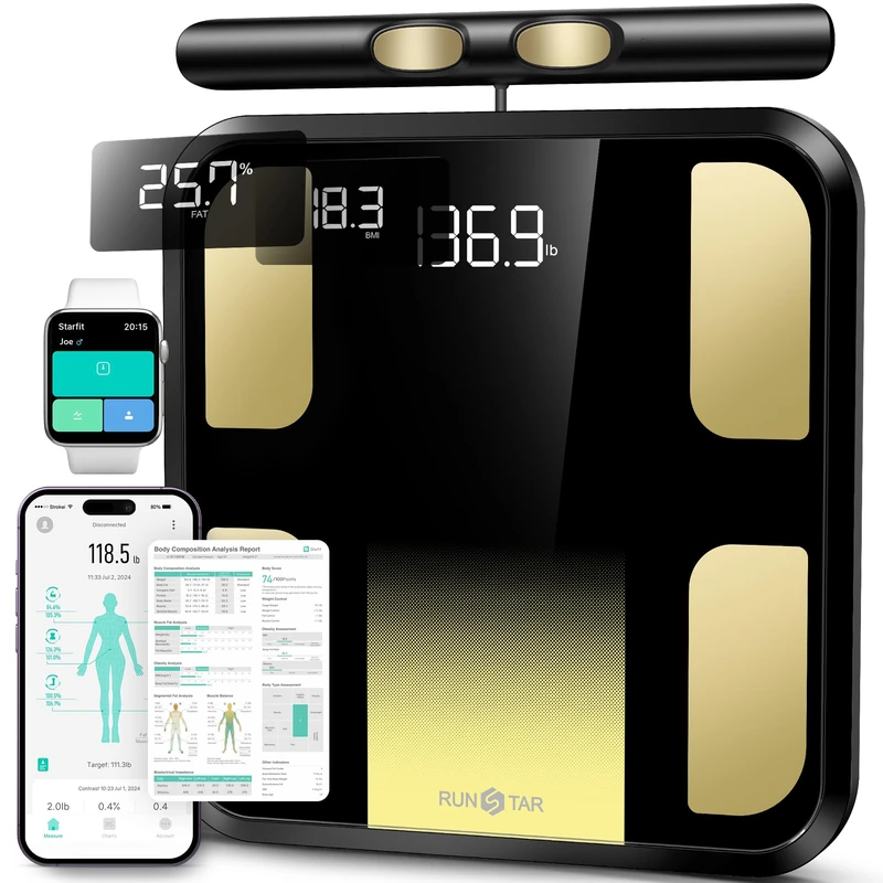 RunStar Scales for Body Weight and Fat, Full-Body Bathroom Scale with 8 Electrodes for BMI, Muscle Mass, 3-Metric Display, High-Accuracy Body Composition Monitor with 28 Metrics & APP Connectivity