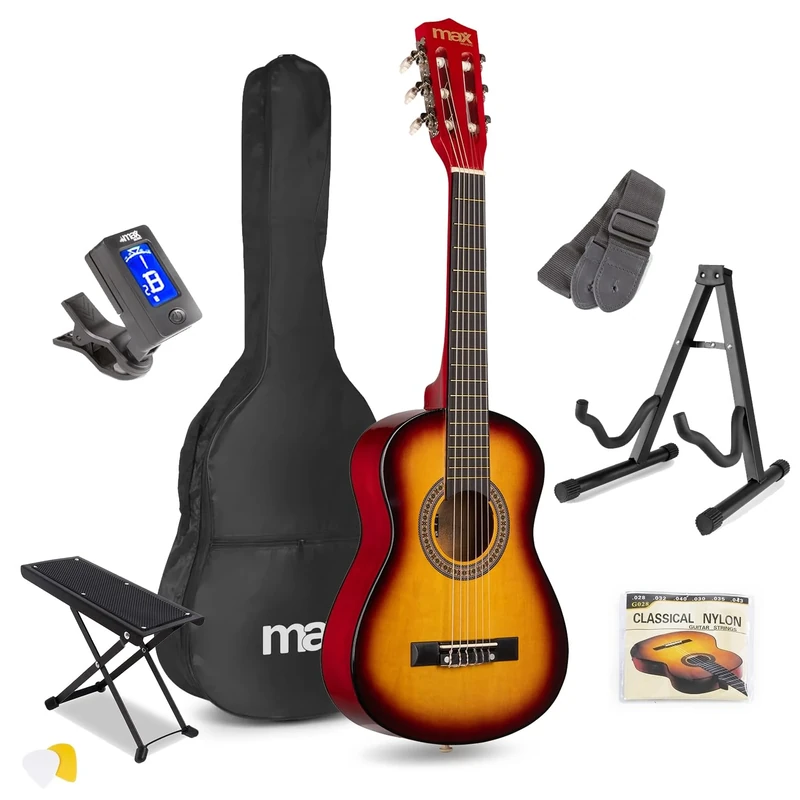 Max SoloArt Junior Acoustic Guitar Bundle 1/4 Size Classical Beginner Guitar Kit with Adjustable Foot Rest Stool, Foldable Stand & Accessories - Sunburst Finish