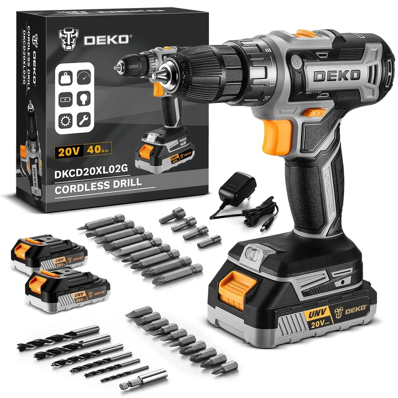 Power Drill Cordless: DEKOPRO 20V Cordless Drill Set with LED Light, Two 2.0Ah Batteries and Charger, 30Pc Electric Drill Accessories, Drills Driver Kit for Wood, Metal and Screws