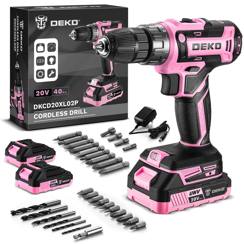 Power Drill Cordless: DEKOPRO 20V Cordless Drill Set with LED Light, 30Pc Electric Drill Accessories, Pink Drills with Two 2.0Ah Batteries and Charger Drills Driver Kit for Wood, Metal and Screws