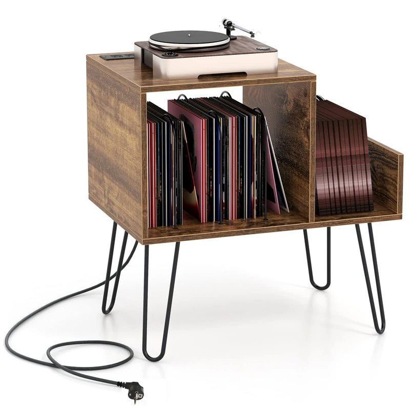 FANTASK Side Table, Turntable Stand with Socket, Industrial Bedside Table with Dividers & Side Shelf (Brown), 45D x 66W x 67H cm - Image 1