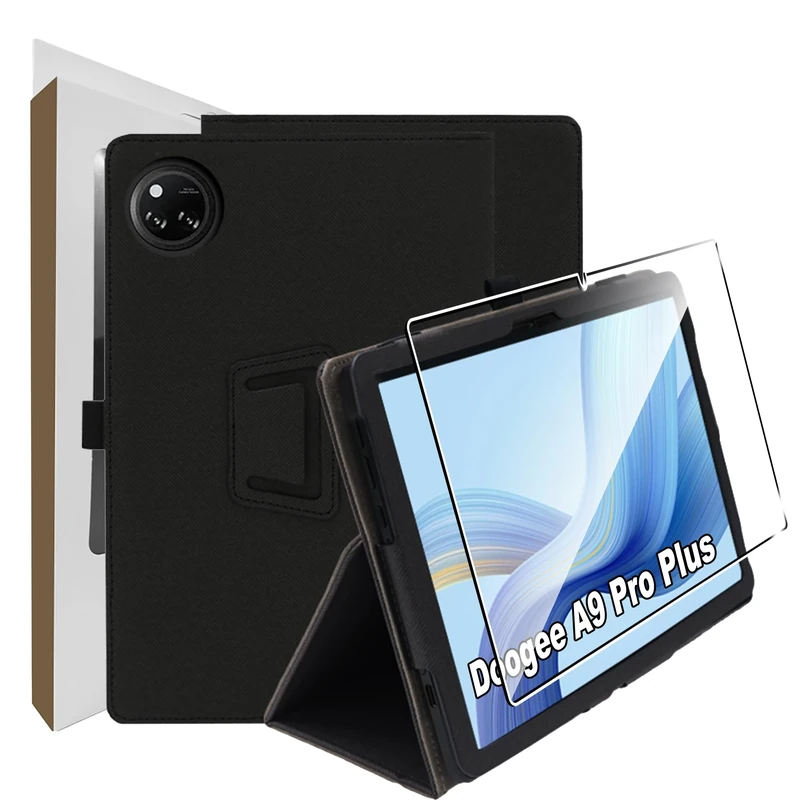 Suttkue for Case Compatible with Doo-gee A9 Pro Plus, Tablet Protection Bundle with 1 Piece 9H Hardness Anti-Scratch Film, Vertical Stand Function, Protective Case for A9 Pro Plus, Black