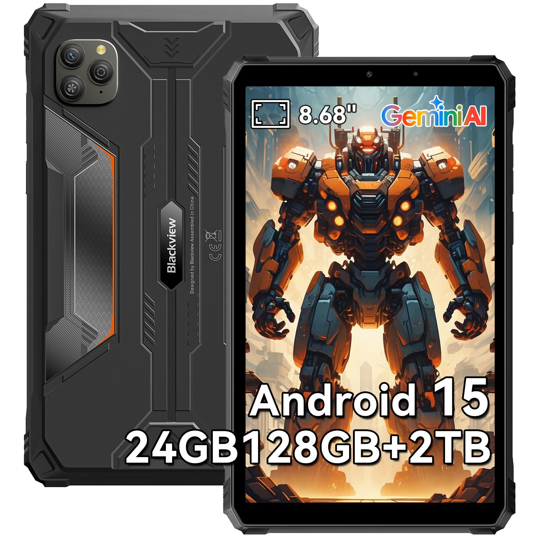 Blackview AI Rugged Tablet, 9 inch Android 15, 24GB+128GB TF 1TB, 180Hz, IP68/IP69K Waterproof, MIL-STD-810H Shockproof, Dual 4G LTE SIM, 16MP+13MP, 18W/OTG/5G WiFi/GPS/NFC/TÜV/Face ID/Glove Mode