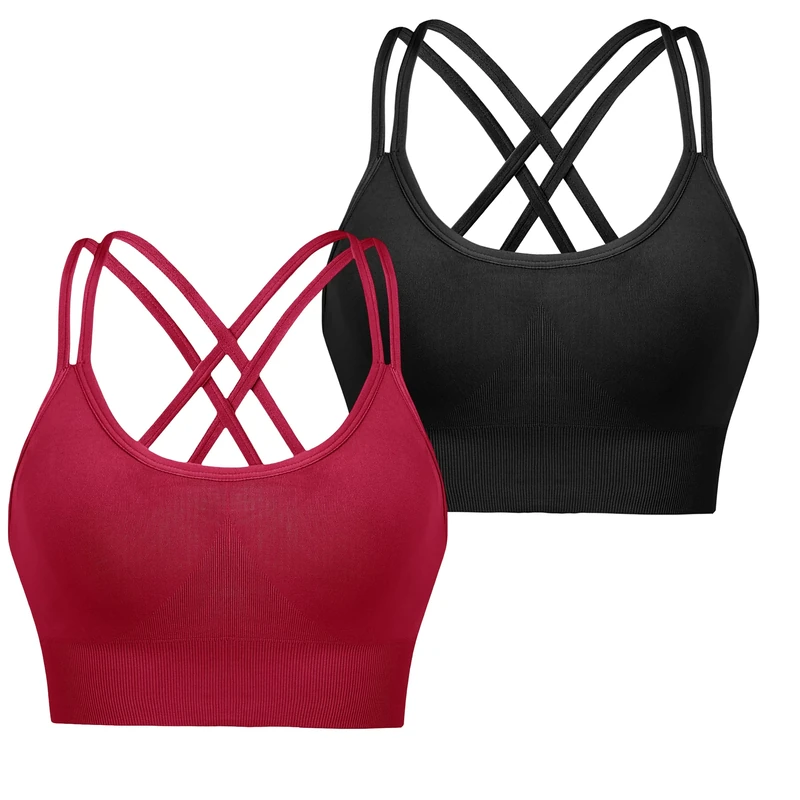 Leversic Sports Bra for Women Padded Yoga Bra Mid Impact Sports Bra Strappy Cross Back Crop Top for Fitness Yoga Gym(Black+Wine Red,M)