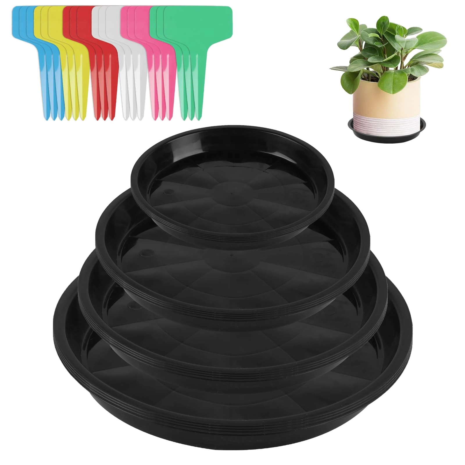 16 PcsPlant Pot Saucers, Plastic Plant Saucers for Pots, Round Plant Trays for Pots, pPlant Pot Trays Circular for Indoor Outdoor Garden Balcony Plants Flowers, with 24 Lables (12/16/18/22cm,Black)
