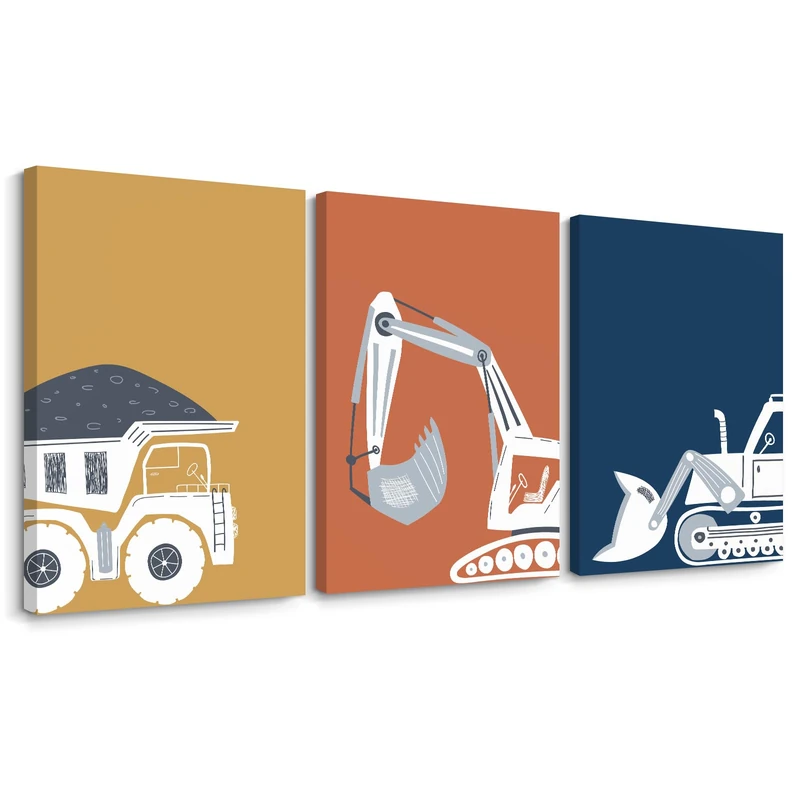 Construction Truck Nursery Wall Art Toddler Boys Room Wall Decor Kids Canvas Poster Dump Tractor Decor Construction Vehicle Prints Excavator Nursery Pictures for Bedroom 16x24x3 Inch Wrapped Canvas