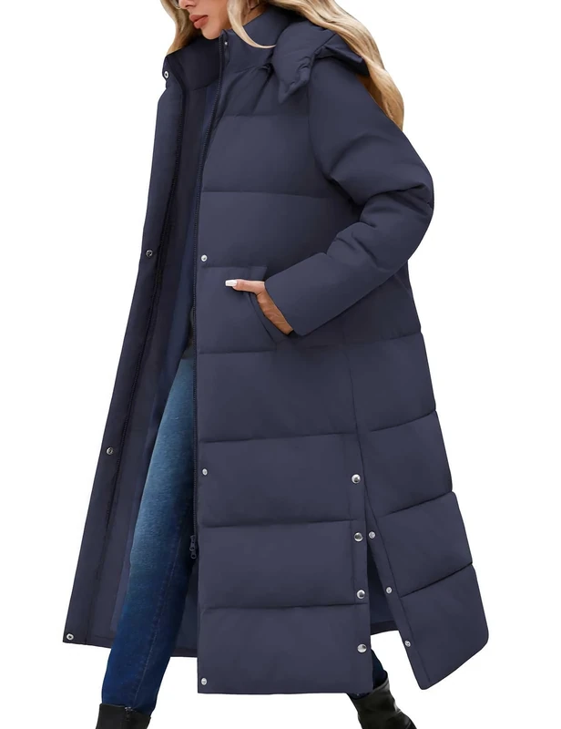 CMTOP Women's Long Winter Coats Hooded Puffer Jacket Thickened Warm Longline Overcoat Water Repellent Quilted Parka Outdoor Windproof Zip Up Outwear With Pockets(Navy Blue, XXL)