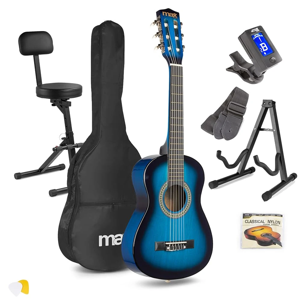 Max SoloArt Junior Acoustic Guitar Kit 1/4 Size in Blue with Foldable Guitar Stool, Padded Backrest & Universal Floor Stand – Beginner Acoustic Guitar Pack for Children