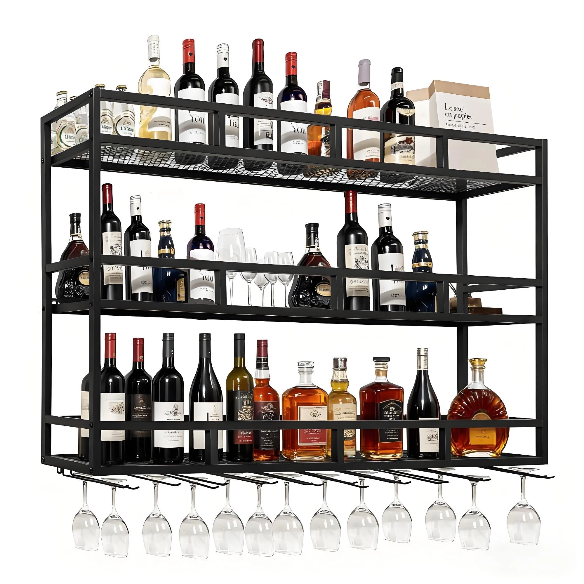 Al waha Al zhabia 100 cm Modern LED Wine Rack Wall Mounted with Bottle Glass Holder, 3-Tiers Metal Liquor Floating Shelves, Wall Bar Shelf for Home, Commercial Bar, Kitchen Storage Display