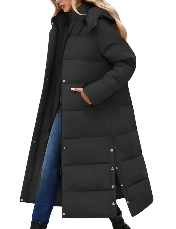 CMTOP Women's Long Winter Coats Hooded Puffer Jacket Thickened Warm Longline Overcoat Water Repellent Quilted Parka Outdoor Windproof Zip Up Outwear With Pockets(Black, XL)
