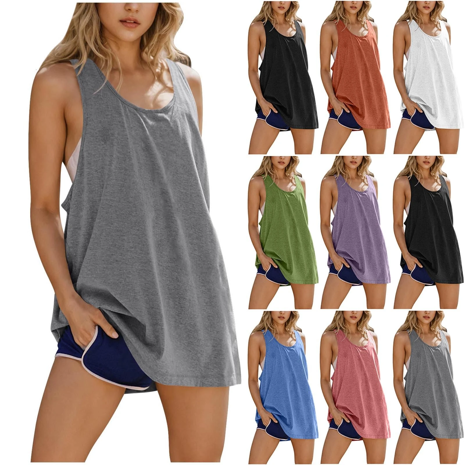 Women's Oversized Sports Vest Sleeveless Lightweight Racer Back Quick Dry Yoga Tank Tops Breathable Loose Fit Gym Tank Y2k Casual Workout Fitness Running Vest Tops Baggy Seamless Cooling Top Gray