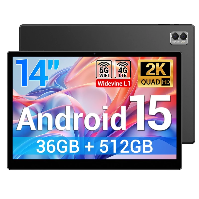 DEEMWOLF 14 inch Tablet Android 15,large screen tablets Octa-Core,36GB RAM+512GB ROM (TF 2TB),11580mAh,20W,13+8MP, Face ID,TÜV, GMS, BT5.0, GPS, Tablet With Pen - (Black)