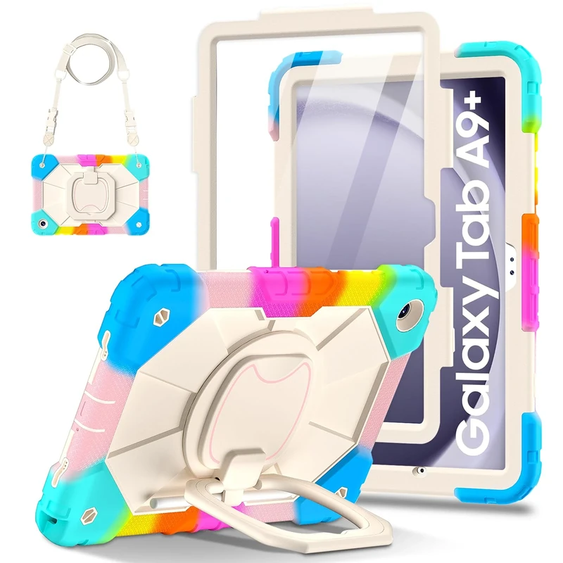 Case for Galaxy Tab A9+ Plus 11 inch 2023, Full Body Shockproof with Screen Protector, 360° Rotating Rotate Stand, Shoulder Strap (Colorful-Blue, A9+ 11 2023)