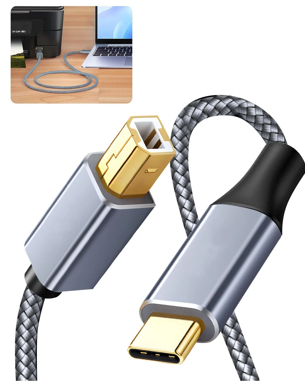 Printer Cable 2M Durable Type C to USB 2.0 Data Connection Midi Cable Printer Scanner Cord Compatible with Canon Epson HP Lexmark Laptop Mobile Phone Printing and Other USB A/B Devices