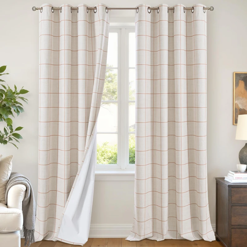 Lajode Plaid Curtains Gingham Patterned 90 Inches Long - Boho Linen Blackout Curtains for Living Room, Modern Checkered Drapes for Bedroom Farmhouse Thermal Drapery 52x90 Inch 2 Panels, Terracotta