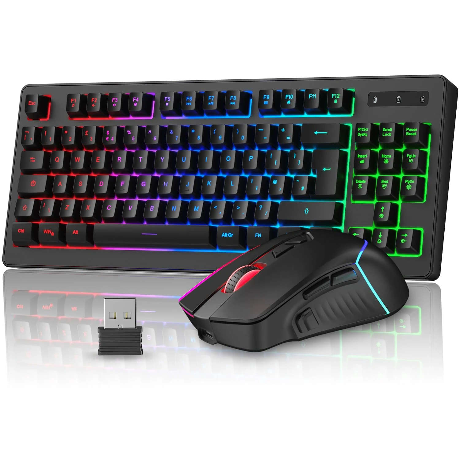 Rewurnth Wireless Gaming Keyboard and Mouse, UK Layout 75% TKL RGB Backlit Keyboard, Rechargeable Ergonomic Gaming Mouse, Compact Set for PC Mac Xbox PS4