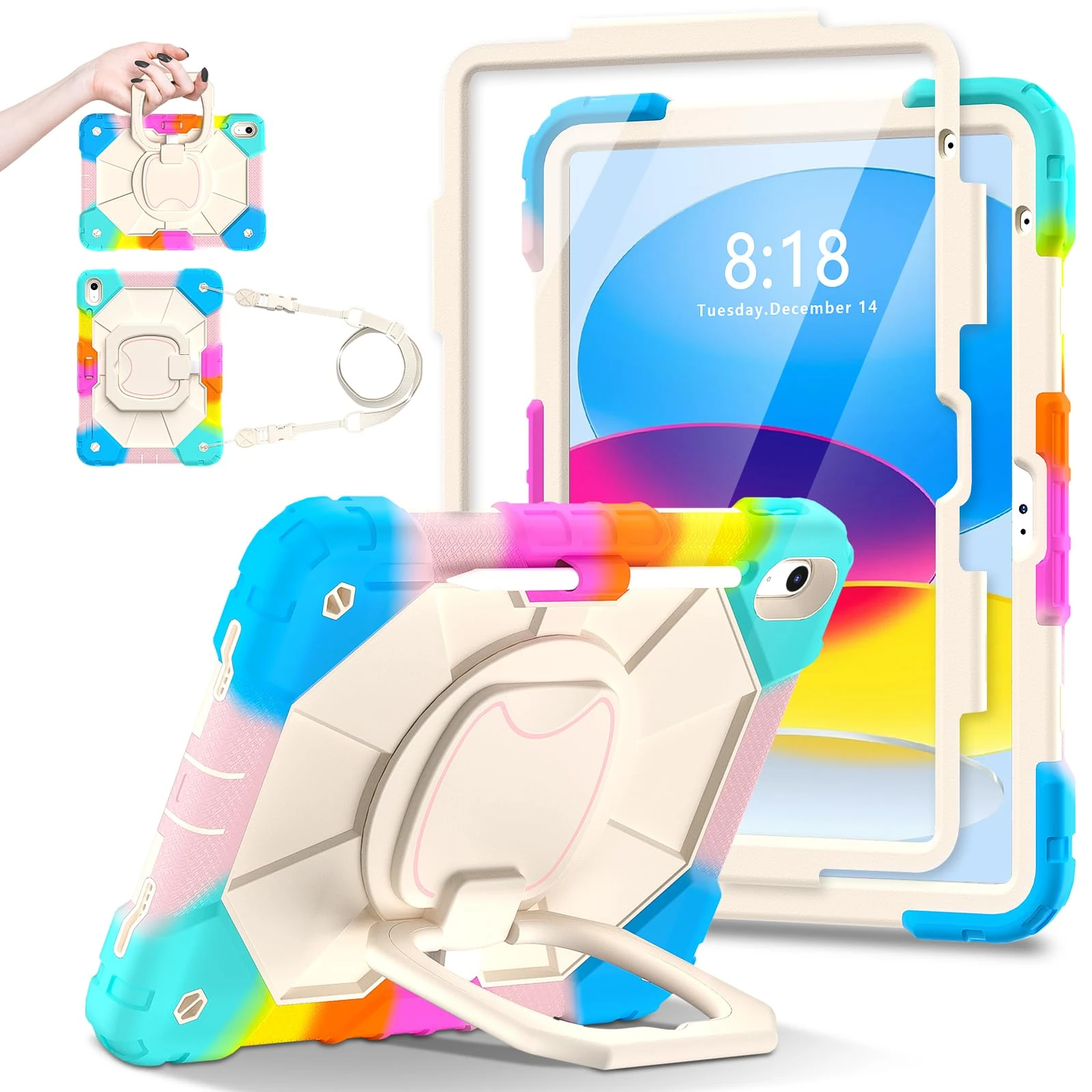 Case for iPad (A16) 11th 2025 / 10th 2022 (11/10.9 Inch) with HD Screen Protector, Shoulder Strap, Heavy Duty Shockproof, Pencil Holder/Rotating Stand (Colorful Blue)