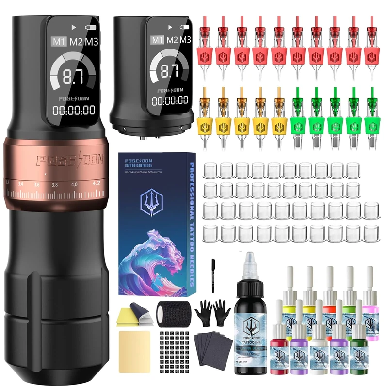 POSEIDON Cordless Rotary Tattoo Machine Kit with 20 Tattoo Cartridge Needles, Ink Set & 2 Rechargeable Batteries | Professional Portable Tattoo Gun for Beginners | Complete Starter Supplies
