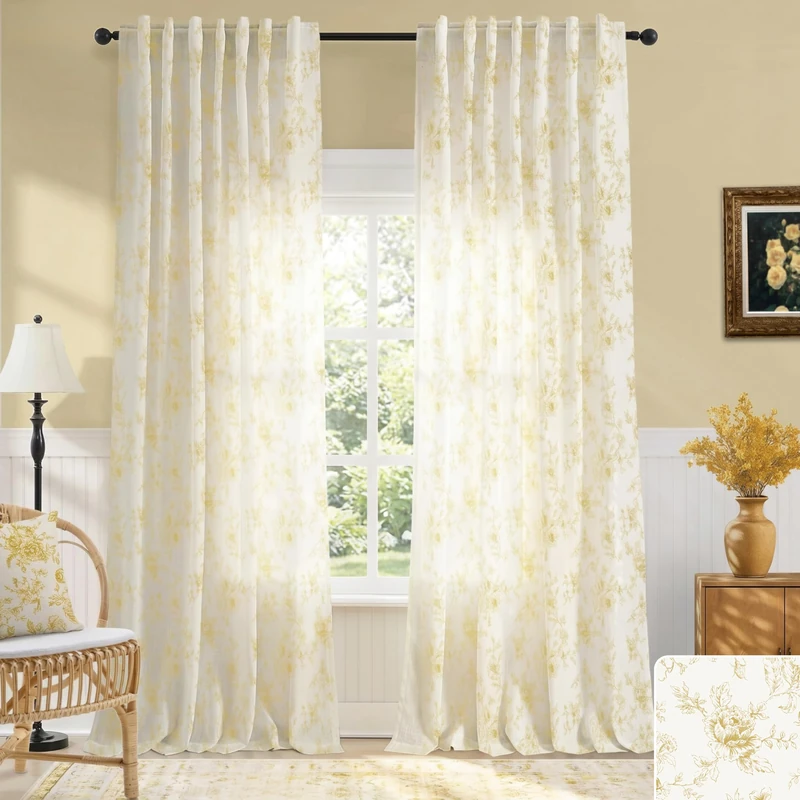 Floral Boho Linen Sheer Curtains 2 Panels Set for Bedroom,Back Tab Rod Pocket Sheer Pattern Curtains for Living Room 96 Inches Long Gold Yellow