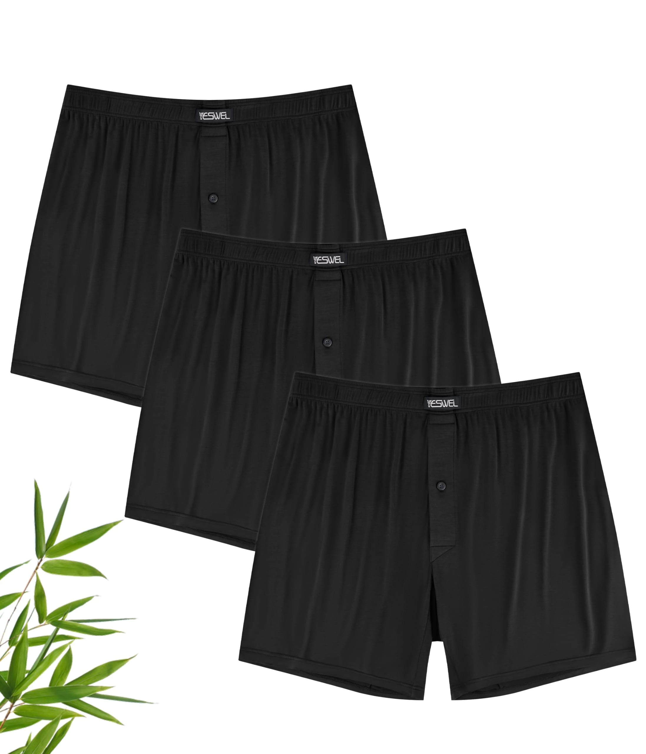 YESWEL Bamboo Mens Boxers, M Black Loose Fit Boxers With Button Fly, Comfortable Underwear Trunks, Tag-free Underpants Pack of 3