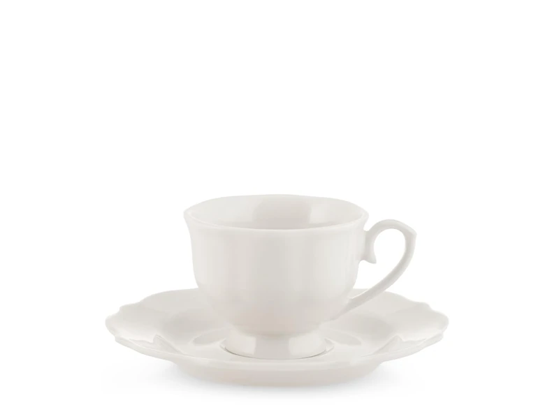 H&H Pack of 6 Coffee Cups with Plate Festoned Blanc in New Bone China Ivory 90cc - Stylish and Durable - Dishwasher Safe - Microwave Safe - Refined Design