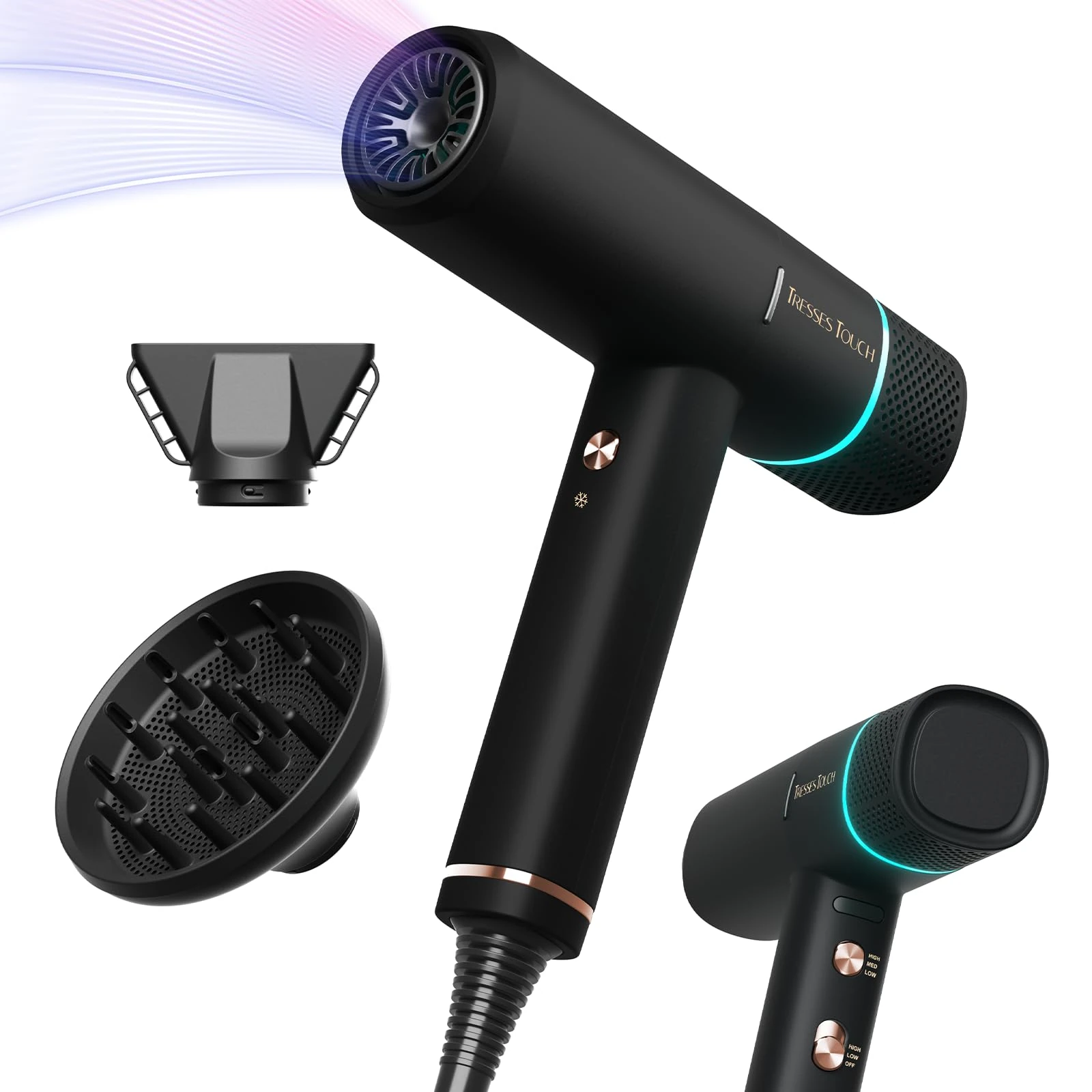 Hair Dryer Ionic Hairdryer, High Speed Blow Dryer with Diffuser for Women & Men, Fast Dry with 3 Temps/2 Speeds, Cold Shot, Lightweight for Home Travel, Even Heat, Anti Frizz, Low Noise, Black