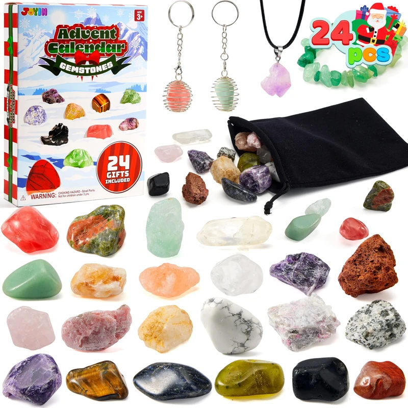 JOYIN 2025 Christmas Advent Calendar Gemstones, 24 Days Christmas Countdown Calendar, Rock Collection Gemstones for Kids, Xmas Party Favors Supplies, Classroom Prizes, Fun Gifts