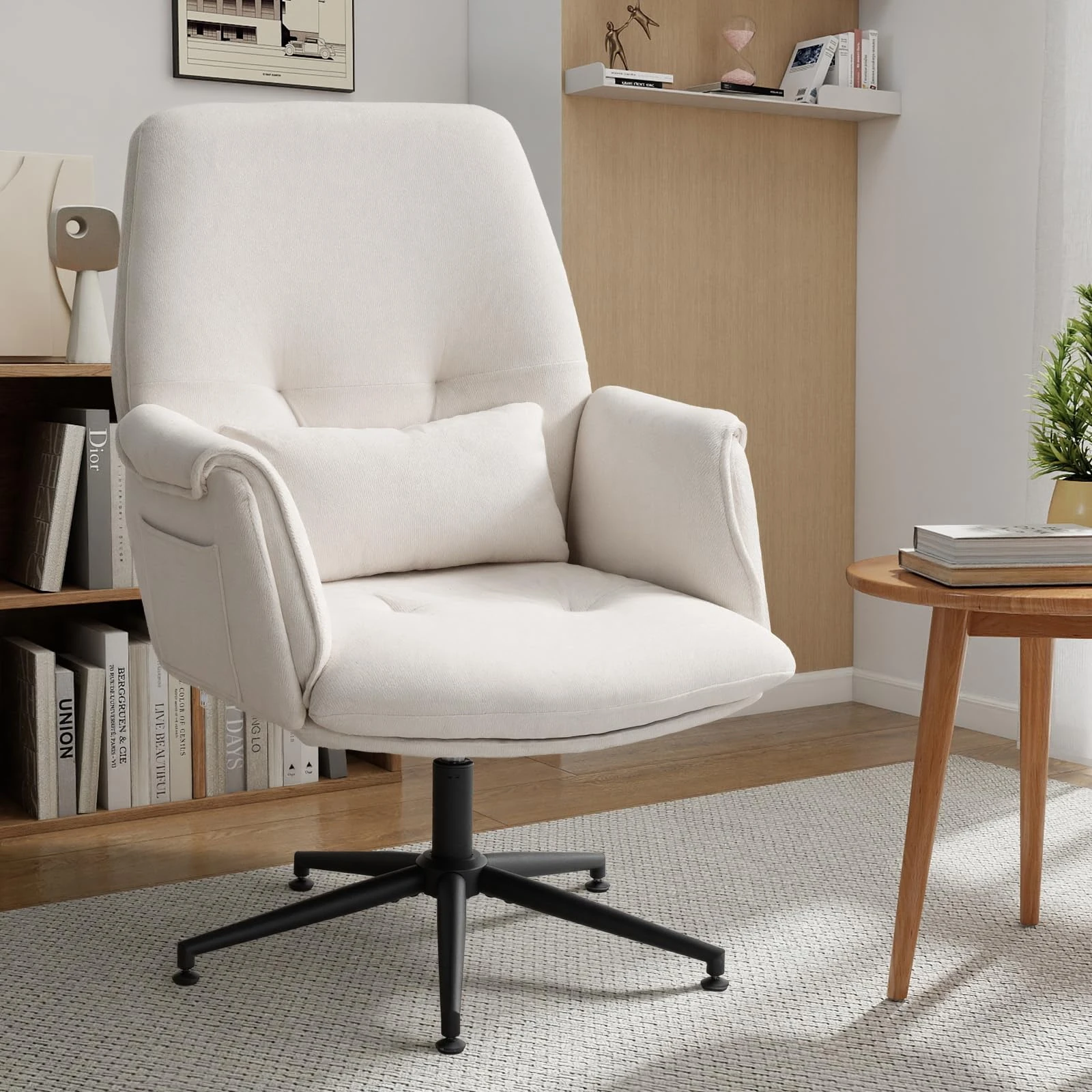 Eronfrione Accent Chair for Living Room, 360° Swivel Lounge Armchair with Wide Fabric Seat for Cross-Leg Sitting, Upholstered Comfy Chair with Lumbar Pillow for Bedroom & Reading Nook (Cream White)