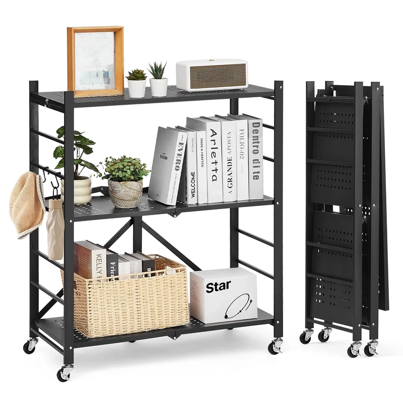 VEVOR 3-Tier Foldable Storage Shelf, 30W x 13D x 36H Inch Folding Metal Rack Shelving Unit, No Assembly Organizer Shelf with 5 Wheels & 4 Hooks for Pantry, Kitchen, Garage, Basement, Black