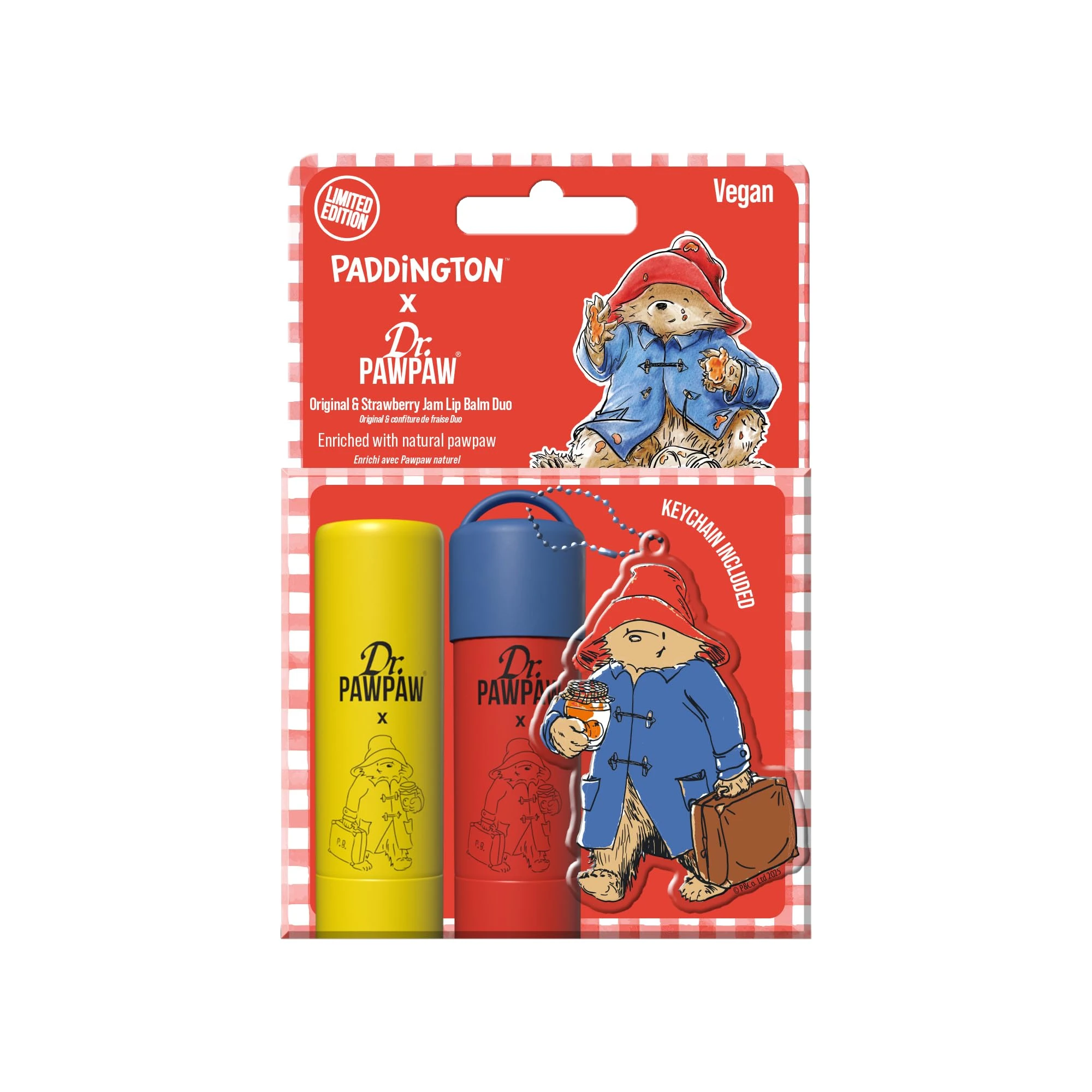 Dr.PAWPAW x Paddington Original & Strawberry Jam Lip Balm Duo (2 x 4g), With Paddington Keyring, Hydrating Lip Balms Set with Keyring, Nourishing, Soothing Makeup, Vegan Lip Care