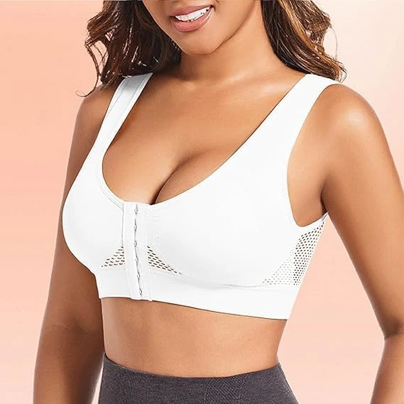 Plus Size Breathable Mesh Women's Sports Bra, Wireless Fitness Running Bra with Buckle Open Front, White, XX-Large
