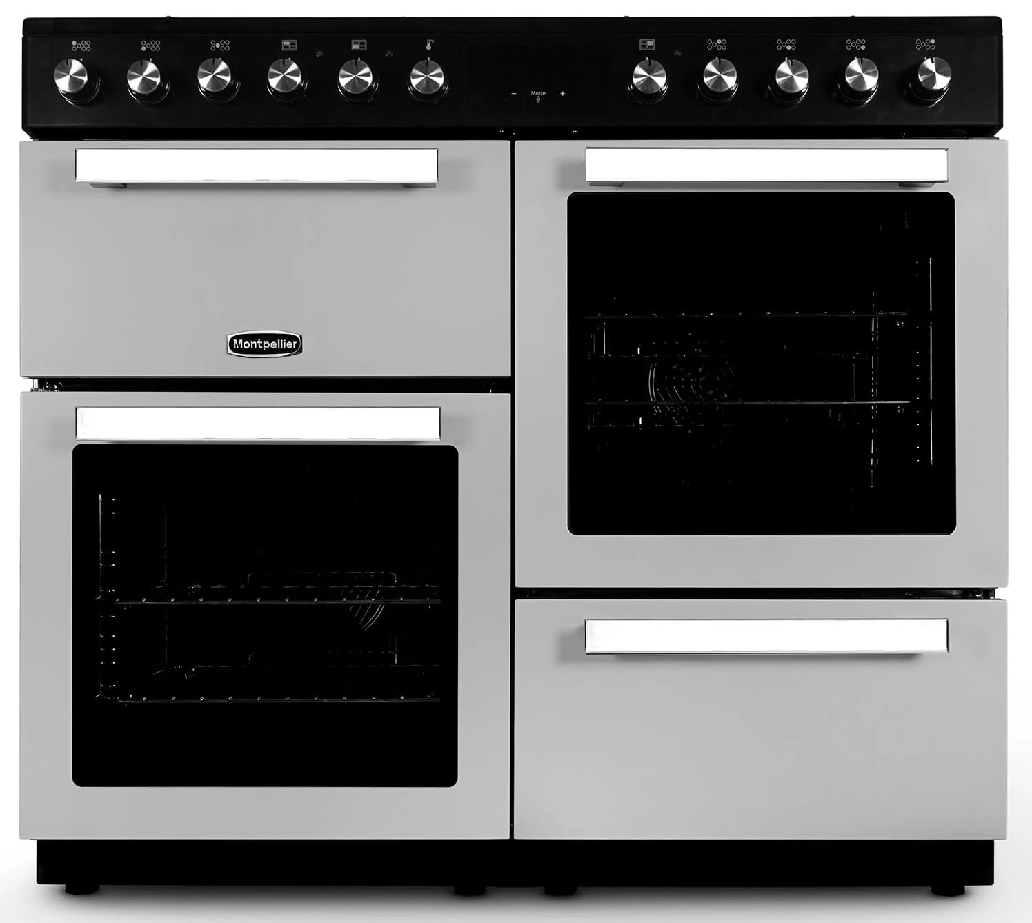 Montpellier MDFRC100X 100cm Dual Fuel Range Cooker – Inox – 7 Gas Burners, 2 Electric Ovens, Separate Grill, Cast Iron Pan Supports
