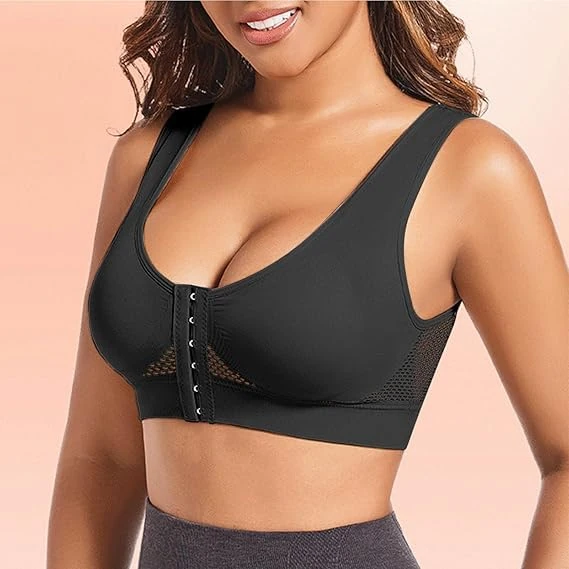 Plus Size Breathable Mesh Women's Sports Bra, Wireless Fitness Running Bra with Buckle Open Front, Black, XX-Large