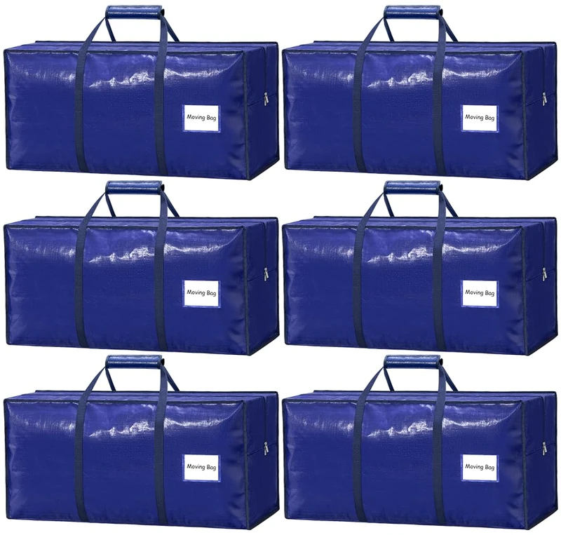 6 Pack Large Moving Bags Heavy Duty – Reusable Storage Bags with Zippers & Handles | Extra-Large Packing Bags for Moving Boxes, Clothes, Bedding, Holiday Décor & Home Storage Deep Blue