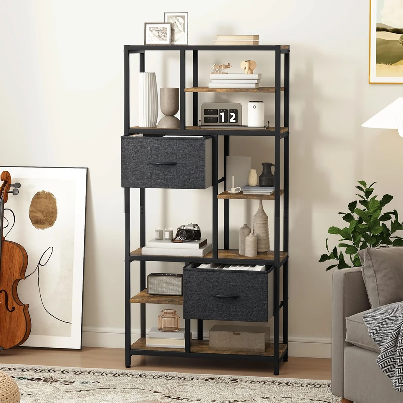 DWVO Bookcase 7 Tier Bookshelf with TWO Drawers Floor Standing Book Shelf Industrial Shelving Unit Storage Rack for Living Room, Office, Study, Hallway, 80cm Wide 186cm High Rustic Brown