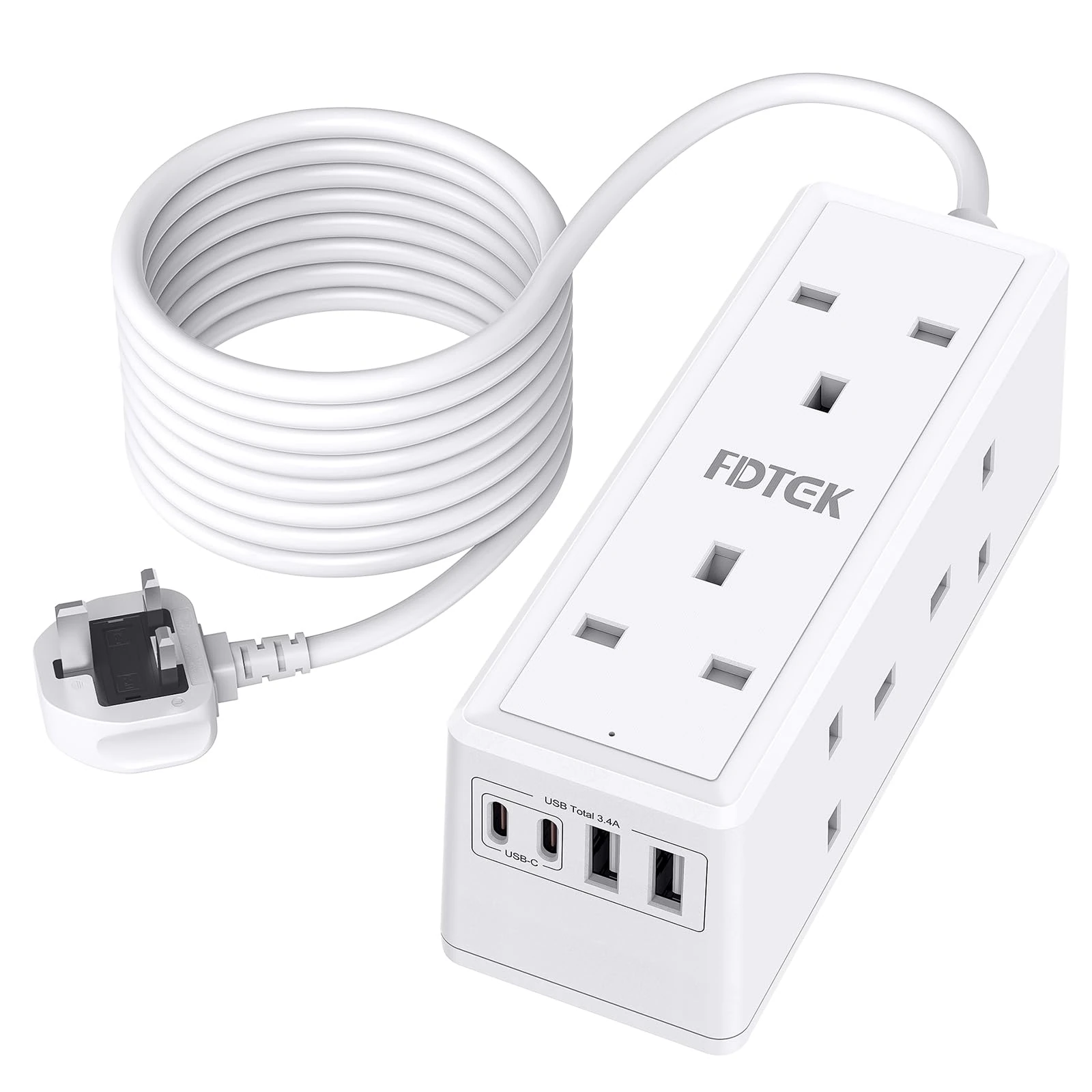 6 Way Extension Lead 3M with USB Slots, FDTEK Desk Power Strip with 2 USB-A and 2 USB-C Ports, Mount Extension Socket with 3M Cords Overload Protection Switch for Home Office-White
