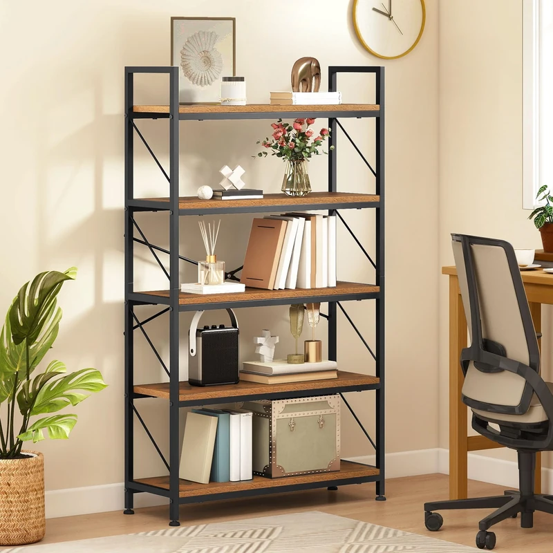 DWVO Bookcase 5 Tiers, Industrial Book Shelf 80cm Wide 158cm High Large Book Case Wooden Shelf and Metal Shelving Unit Display Storage Rack for Living Room, Home Office, Rustic Brown Bookshelf