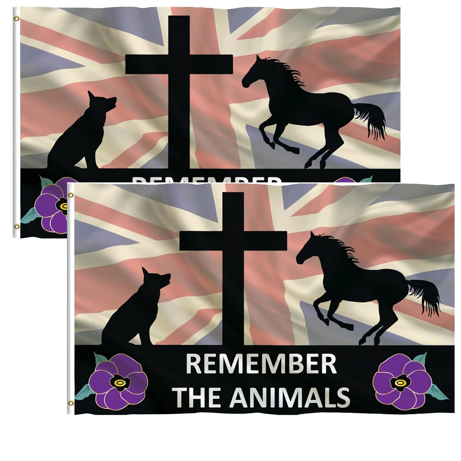 2Pcs Purple Poppy UK Flag Veteran Animals Horse Garden Decor Outdoor Banner Flag 5x3ft