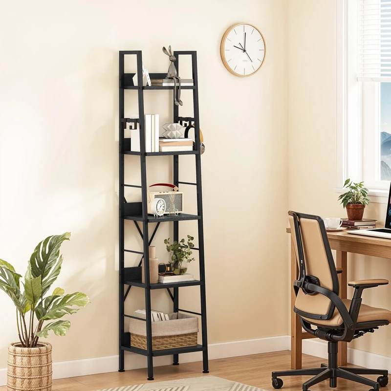 DWVO Narrow Tall Bookcase 5 Tiers, Industrial Ladder Shelf Bookshelf Wooden Shelves and Metal Slim Thin Book Rack Modern Shelving Unit for Living Room, Hallway, Office, Black