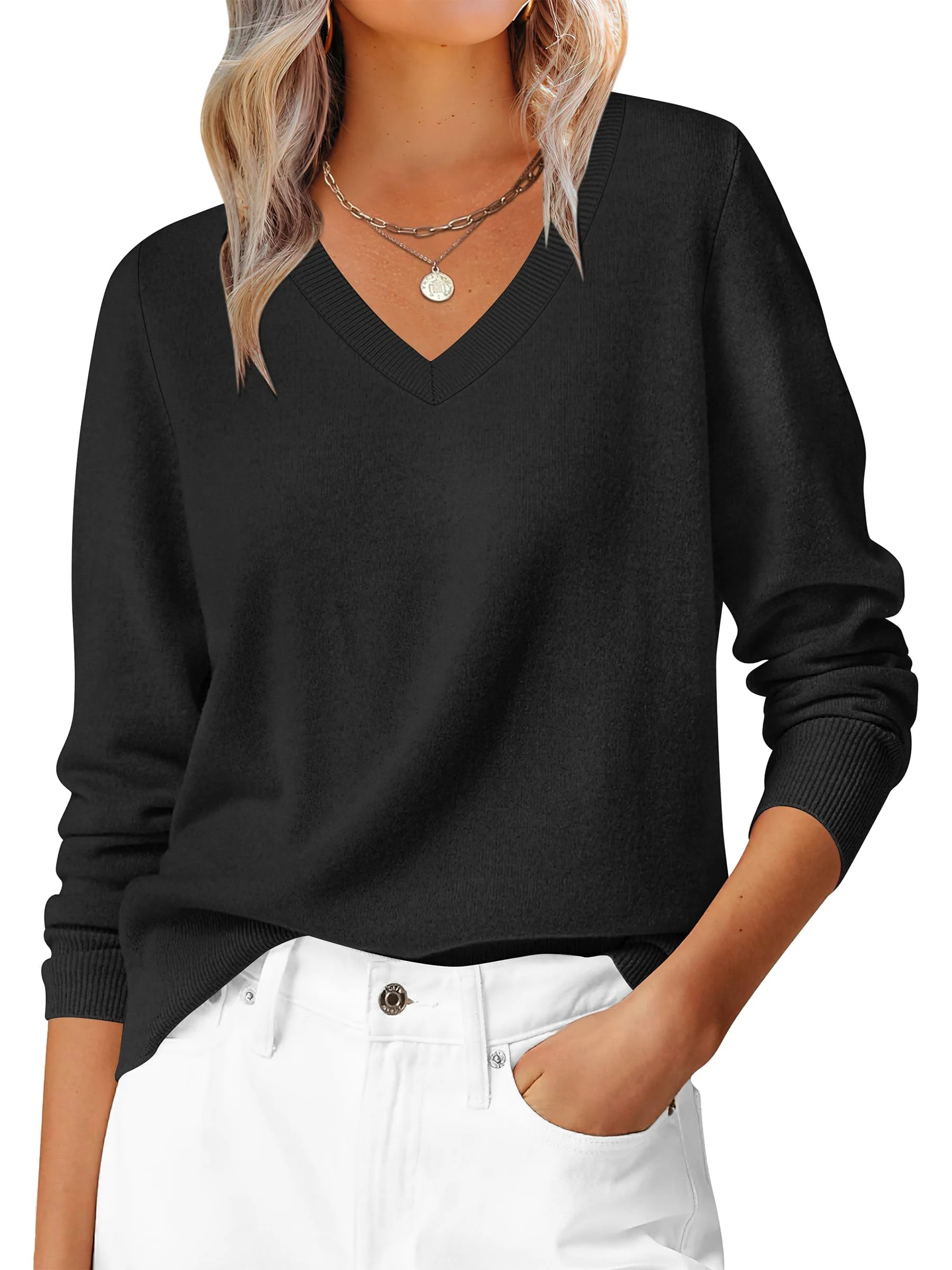 HOTOUCH Ladies V Neck Jumper Long Sleeve Soft Knitted Pullover Sweater Casual Elegant Autumn Winter Tops for Women Black S