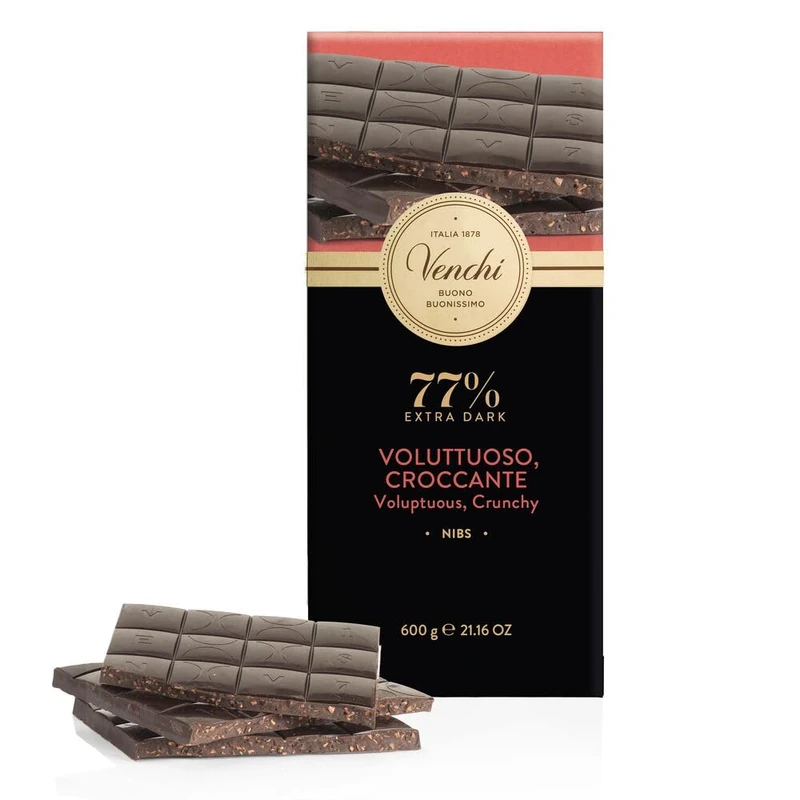 Venchi - Maxi 77% Nibs Chocolate Bar, with Extra Dark Chocolate and Cacao Nibs, 600g, Gluten-Free, No Colourants or Preservatives
