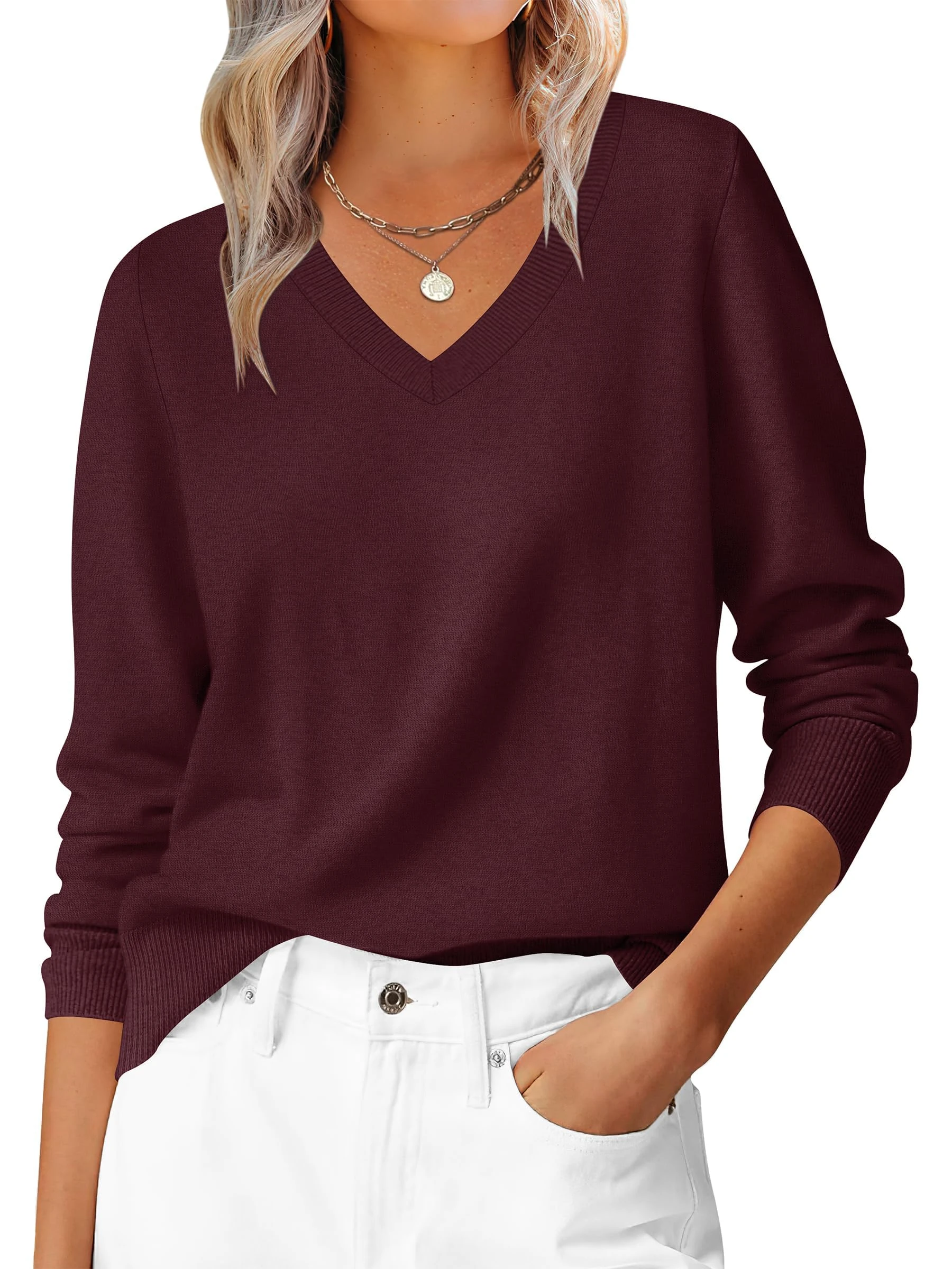 HOTOUCH Ladies Knitted Jumper V Neck Long Sleeve Fashionable Pullover Soft Lightweight Sweater Casual Autumn Winter Tops Burgundy XXL