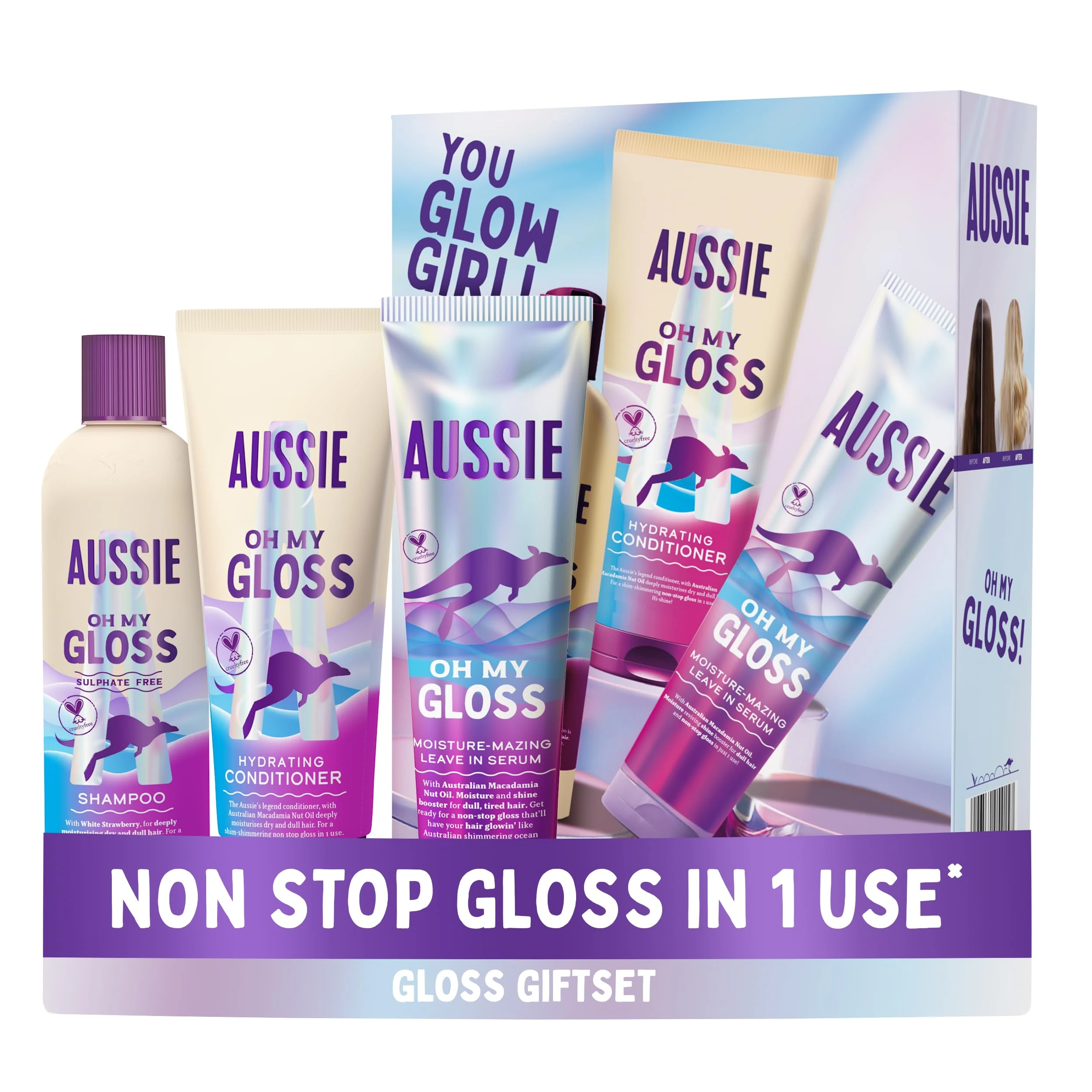 Aussie Oh My Gloss Hydrating Giftset: Shampoo 300ml, Conditioner 200ml, Lightweight Leave-in Serum 160ml. Moisture & Shine Booster for Dull, Dry Hair. With Jojoba, Safflower, Macadamia Nut Oils