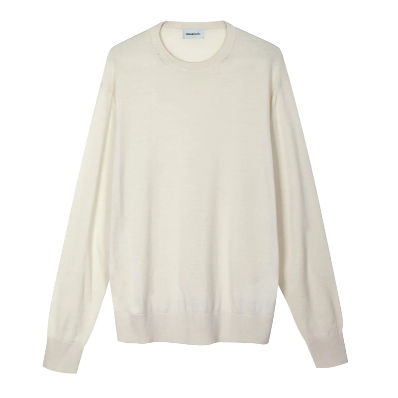 Diana Studio Men's Girocollo in Lana Merino Extrafine E Cotone Organico Pullover Sweater, Cream, L